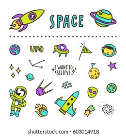 Set of space stickers. Vector hand drawn cartoon objects