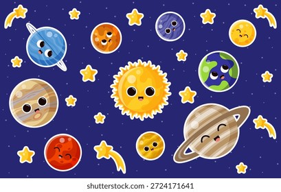 Set von Raumaufklebern einzeln auf dunkelblauem kosmischem Hintergrund. Aufkleber für Sonnensystem. Sonne, Merkur, Venus, Erde, Mars, Jupiter, Saturn, Uranus, Neptun. Cartoon-Stil. Flaches Design.Vektorgrafik. 