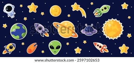 Set of space stikers isolated on dark blue cosmic background.Collection of icons: astronaut, planets, stars, alien, rocket, sun, comet,Earth, UFO, moon.Cartoon style. Flat design.Vector illustration. 