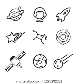 Set space stuff business report and target linear icons. Strategy, Development plan and Space rocket symbols. Vector illustration EPS.8 EPS.10