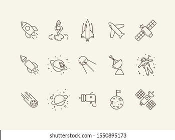 Set of space technology icons. Blaster, spaceship, meteorite. Space technology concept. Vector illustration can be used for topics like space, technologies, universe