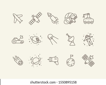 Set of space technology line icons. Shuttle, moon car, satellite dish. Space technology concept. Vector illustration can be used for topics like space, technologies, universe