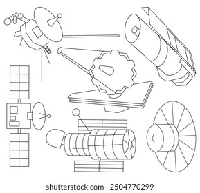 Set of space telescopes black outline on white background. Vector illustration for coloring book, worksheet, school supplies.