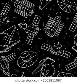 Set of space telescopes. Black and white. Vector illustration. Seamless pattern for wrapping paper, notebook cover, print.