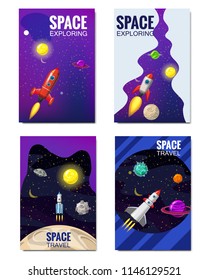 Set of space Template , space travel, exploration of the universe, other planets, flying rockets, stars of distant galaxies, vector, banner, illustration, isolated. Template of flyear, magazines
