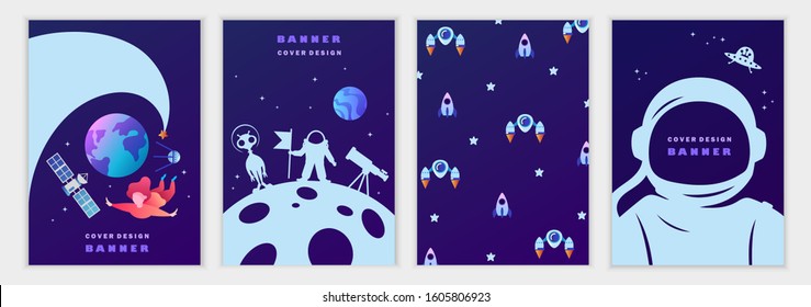 Set of space templates for banners, invitations, flyers, cards, flyers, covers. Science, planets, astronaut, universe. Vector children's illustration. Blue sky. Space trip.