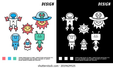 Set of space theme cartoon doodle cartoon. astronaut, rockets, alien, UFO, sun. illustration for t shirt, poster, logo, sticker, or apparel merchandise.