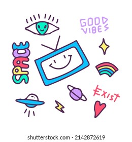 Set of space theme cartoon doodle cartoon. alien, spaceship, rainbow, planet, star. illustration for t shirt, poster, logo, sticker, or apparel merchandise.