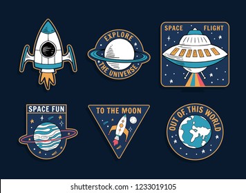 Set of space theme vector graphics , patches, emblems, badges and labels.