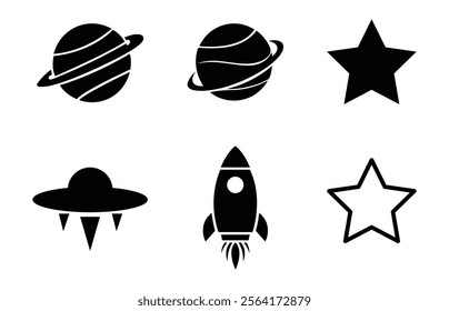 Set of space themed silhouettes including planets, rocket, UFO, and stars. Planet icon, Rocket icon, UFO icon, Star icon. Vector illustration