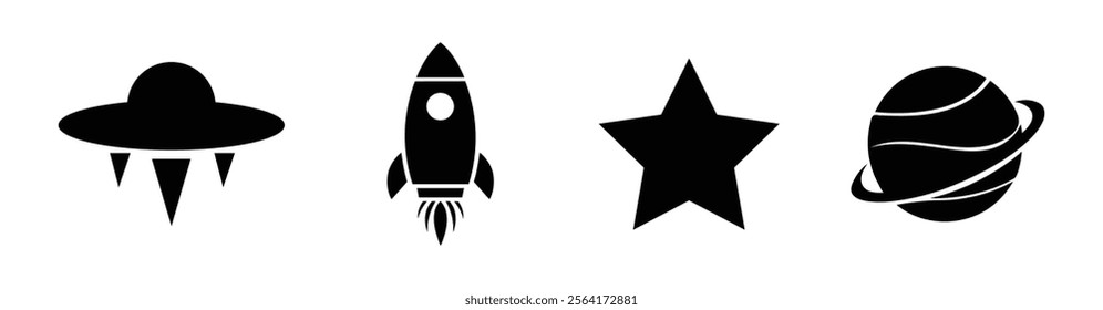 Set of space themed silhouettes including planets, rocket, UFO, and stars. Planet icon, Rocket icon, UFO icon, Star icon. Vector illustration