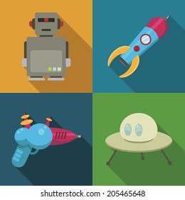 set of space themed symbols with robot, rocket, raygun and space ship