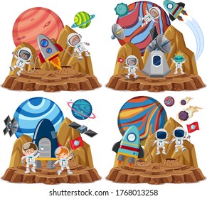 Set of space themes with astronauts isolated on white backgroud illustration