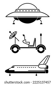 Set of Space transportation, space objects and elements isolated on white background illustration