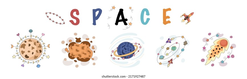 Set of space vector elements designed in doodle style on white background. Can be adapted to a variety of applications such as stickers, digital printing, children's arts, scrapbooks, kindergarten 