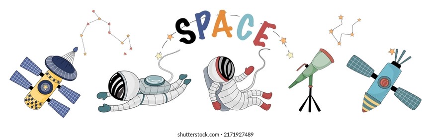 Set of space vector elements designed in doodle style on white background. Can be adapted to a variety of applications such as stickers, digital printing, children's arts, scrapbooks, kindergarten 