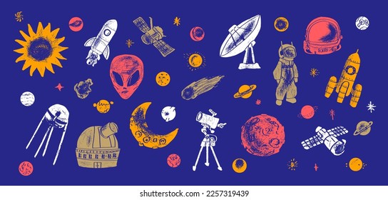 Set of space vector illustration in engraving style for for web, landing page, stickers, and background