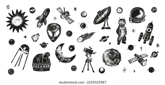 Set of space vector illustration in engraving style for for web, landing page, stickers, and background	