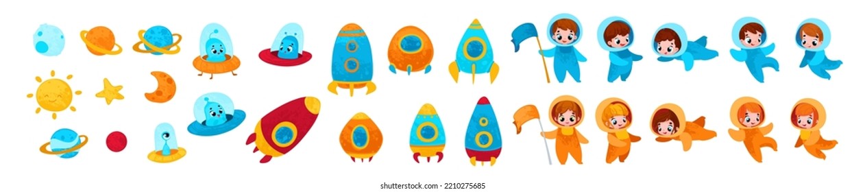 Set space. Vector print for children room, fabric, paper, greeting card, postcard, card, t shirt, poster, textile. Vector illustration