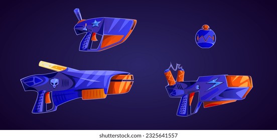 A set of space weapons. Energy weapons, hand weapons. Space blaster, laser, plasma, lightning energy. Pistol, shotgun, rifle, grenade. Futuristic alien weapon. Sci-fi Cartoon vector illustration.