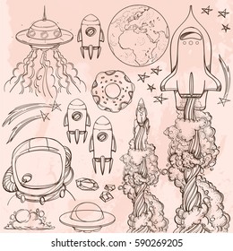 Set of spacecraft contour drawing. Different types of shuttles and flying saucers.