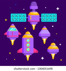 Set of spacecrafts, different starships, satellite, rocket. Vector flat style illustration isolated on starry sky background