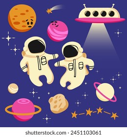 Set with spaceman children in space suits flying in space. Cute baby astronauts, planets and stars in cosmos. Kids spacewalk. Vector illustration