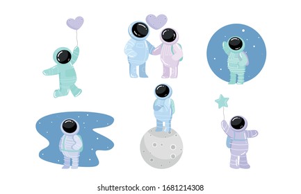 Set of spaceman in special spacesuits with different feelings. Vector illustration in flat cartoon style.