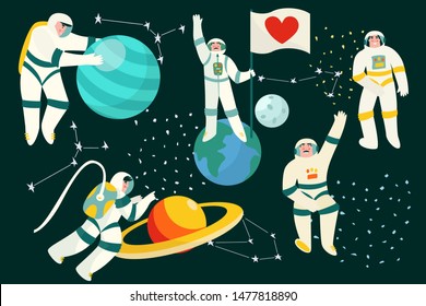 Set of spacemen in outer space with stars, moon,asteroids, constellation on background. Astronauts out of spaceship exploring universe and galaxy. Collection of cartoon cosmonauts in spacesuits. 