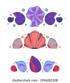 Set of spacers with seashells, sand and bubbles. Vector ocean design element. Hand drawn flat baby marine text delimiters for article, invitation and card. Vector molluscs and shells with decoration