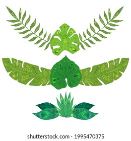 Set of spacers with tropical leaves with folk pattern. Vector natural design element. Vector hand drawn flat foliage text delimiters with decoration for article, invitation and card.