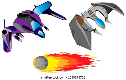 set spaceship elements meteorite color art vector