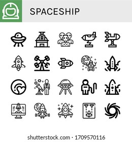 Set of spaceship icons. Such as Space suit, Ufo, Observatory, Alien, Rocket, Spaceship, Booster, Rover, Pluto, Stargazing, Astronaut, Black hole , spaceship icons