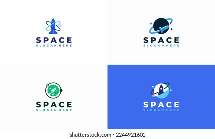 Set Set Set Set Set Set mit Logo-Designs Konzept Vektorgrafik, Rakete mit Planet Logo-Designs Symbol-Vorlage