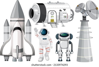 Conjunto de objetos de nave espacial e ilustración de robot