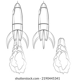 Set of spaceship outline with smoke isolated. Contour space rocket vector design element.