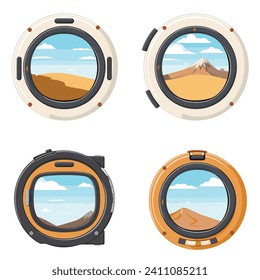 Conjunto de ojos de nave espacial con vistas a los paisajes del planeta. Ventanas de naves espaciales futuristas con desiertos y montañas. Exploración y aventura en la ilustración de vectores del espacio ultraterrestre.