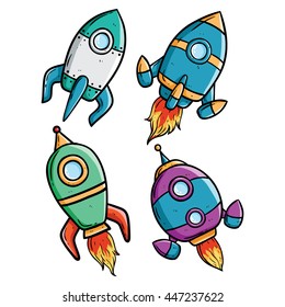 Set of spaceship or rocket on white background
