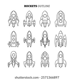 Set of Spaceship Rocket Shuttel Spacecraft outline collection with line art style, flat vector illustration.