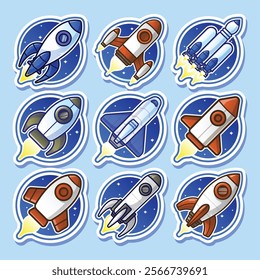 Set of Spaceship and Rocket Sticker. Science and Technology Illustration Theme.