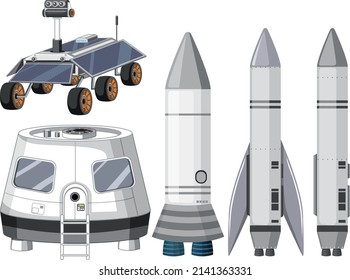 Set of spaceship and satellite objects illustration