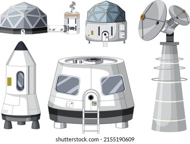 Conjunto de ilustraciones de objetos espaciales y satélites