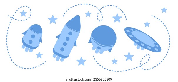 Set of spaceships in blue tones on a white background. Flat vector illustration.