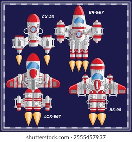 Set of spaceships. On a dark background. Vector illustration.
