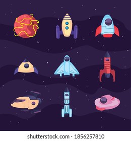 set of spaceships and planet on purple background vector illustration design