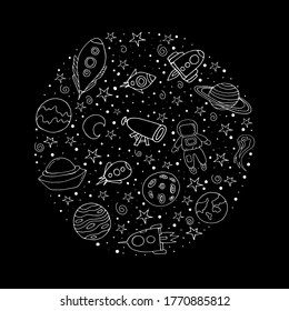 Set with spaceships, planets, and stars. Doodle style. Vector isolated illustration with spaceships, rockets, Mars, Earth, stars on a black background.  Space.Isolated elements for scientific posters.