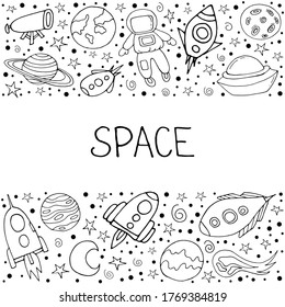 Set with spaceships, planets, and stars. Space.Doodle style. Vector isolated illustration with spaceships, rockets, Mars, Earth, stars on a white background.  Isolated elements for scientific posters.