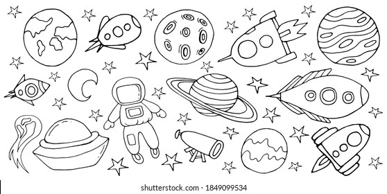Set with spaceships, planets, and stars. Space-Doodle style. Vector isolated illustration with spaceships, rockets, Mars, Earth, stars on a white background. Isolated elements for scientific posters.