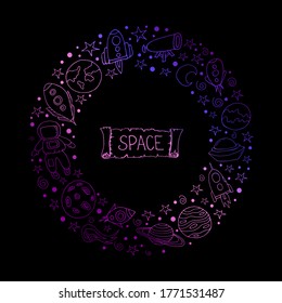 Set with spaceships, planets, and stars.Vector isolated illustration with spaceships, rockets, Mars, Earth, stars on a black background. Doodle style.   Space.Isolated elements for scientific posters.