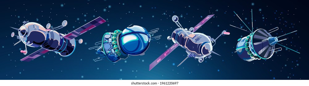Set with spaceships and satellites in space. Space history program, human exploration of near space. Collection with 3d models flying spaceships. Isolated